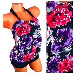 Miraclesuit Magicsuit 12 Large Swimsuit Tankini Top Floral Black Purple Slimming